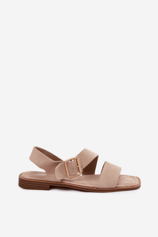 Beige Damensandalen mit breiten Absätzen und goldenen Schnallen Verissea