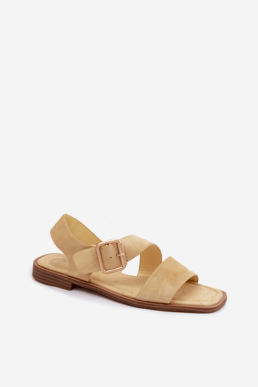 Damensandalen mit breiten Absätzen mit goldenen Schnallen gelbe Farbe Verissea