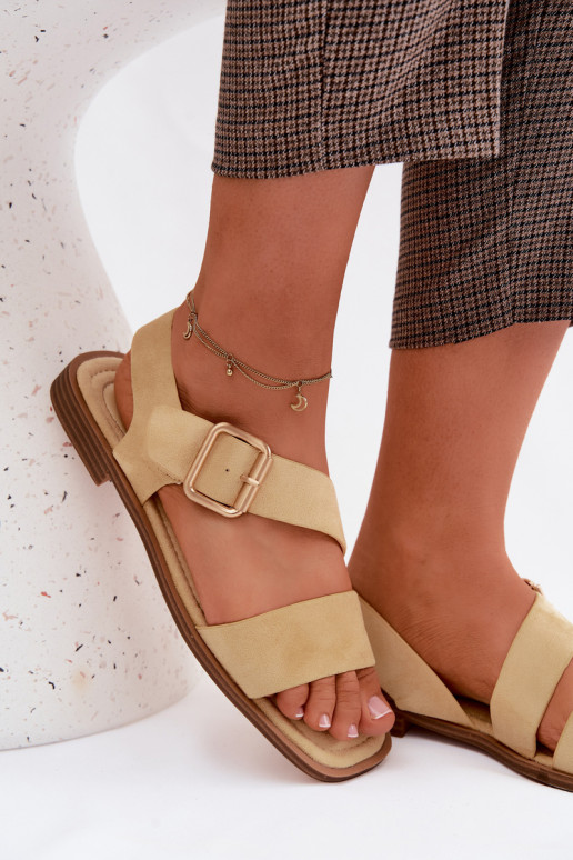 Gelbe Damensandalen mit breiten Absätzen und goldenen Schnallen Verissea