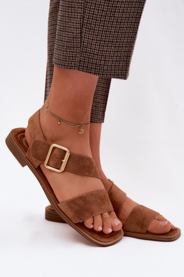 Damensandalen mit breiten Absätzen mit goldenen Schnallen braune Farbe Verissea 2