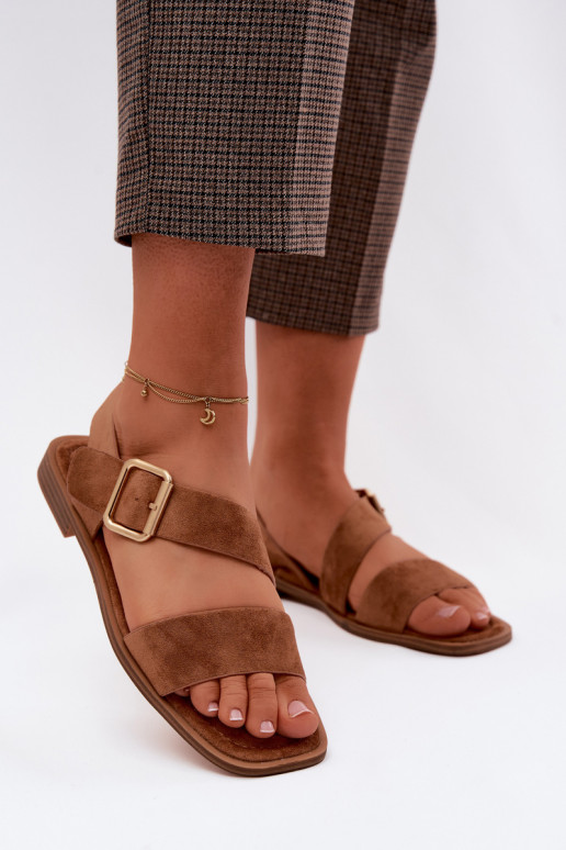 Braune Damensandalen mit breiten Absätzen und goldenen Schnallen Verissea