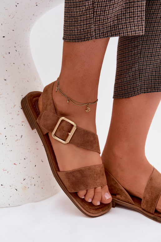 Dames sandalen met brede hakken met gouden gespen bruine kleur Verissea