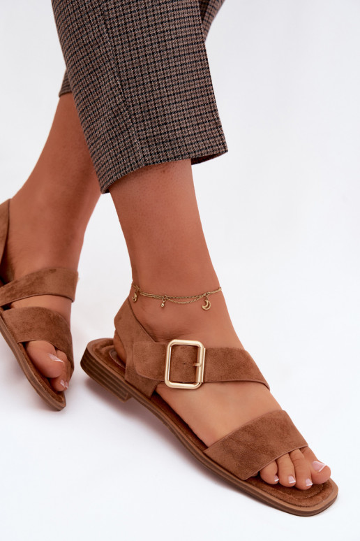 Sandales pour femmes marron avec de larges talons et des boucles dorées Verissea