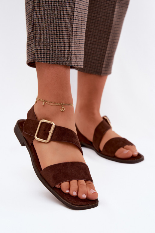 Sandales pour femmes chocolat avec de larges talons et des boucles dorées Verissea