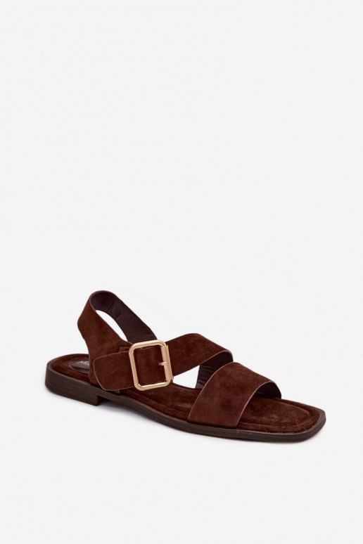 Chocolade dames sandalen met brede hakken en gouden gespen Verissea