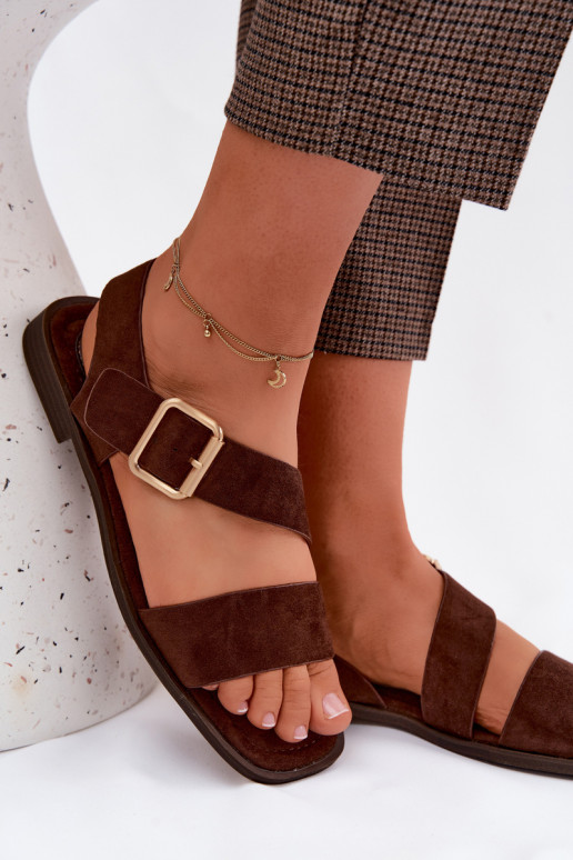 Sandales pour femmes chocolat avec de larges talons et des boucles dorées Verissea