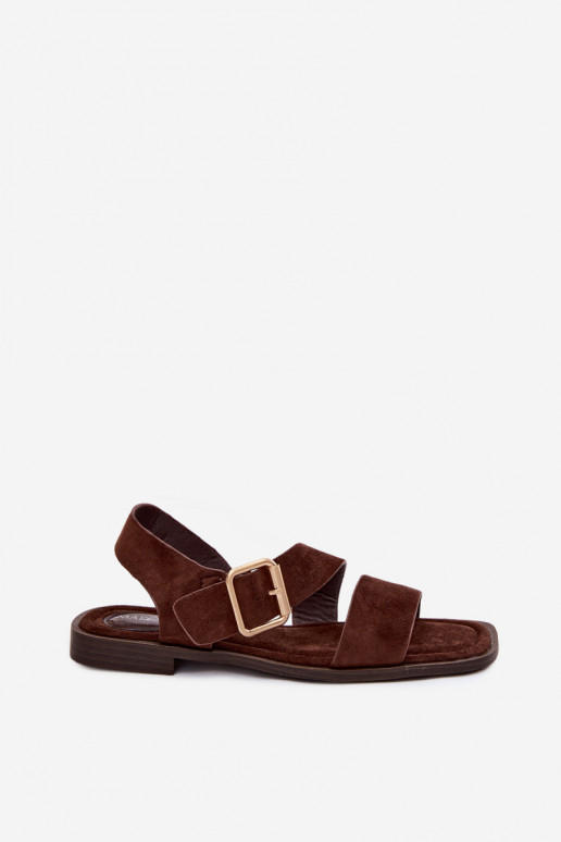 Schokoladenfarbene Damensandalen mit breiten Absätzen und goldenen Schnallen Verissea