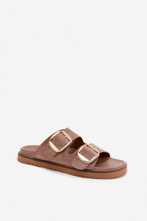 DamespantoffelsImitacji van suèdeu gouden kleur met gespen kaki kleuren Averia