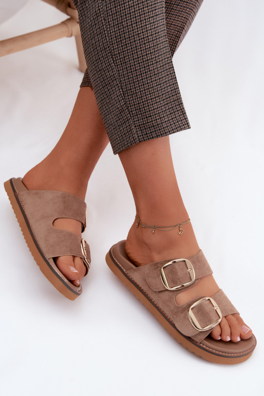 Goldene Damenschuhe mit Kunstveloursleder-Schnallen in Khaki Averia