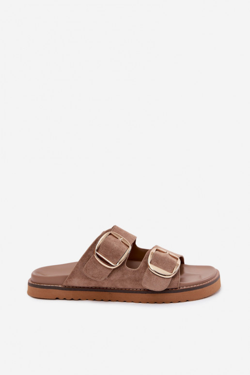 Gouden dames slippers met faux suede gespen in kaki Averia