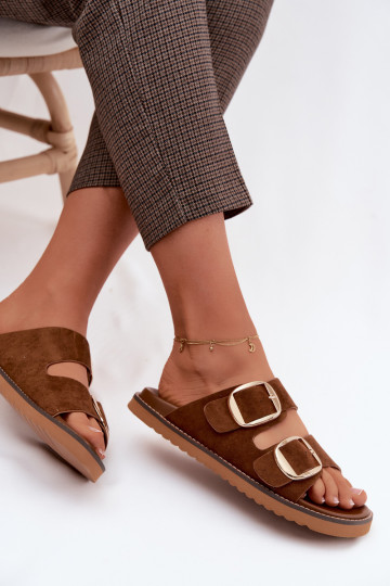 Gouden dames slippers met faux suede gespen in bruin Averia