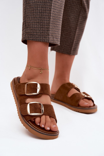 Gouden dames slippers met faux suede gespen in bruin Averia 2