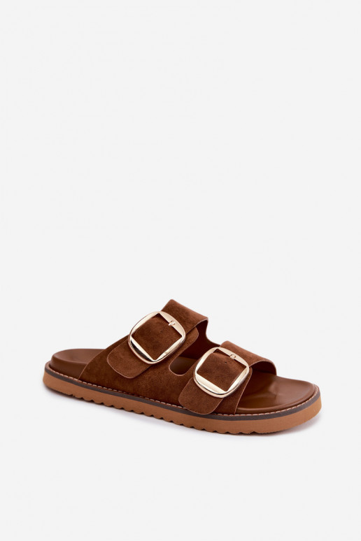 Pantoufles pour femmesImitacji en daimu couleur dorée avec boucles marron Averia