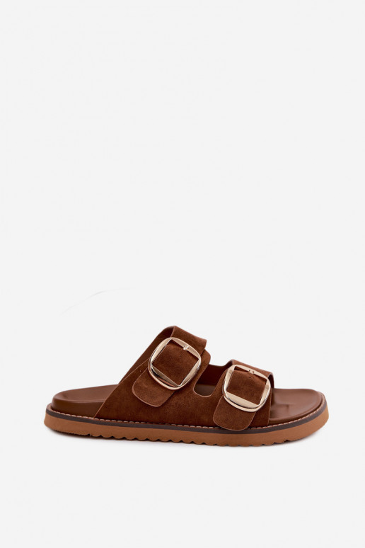 DamespantoffelsImitacji van suèdeu gouden kleur met gespen bruine kleur Averia