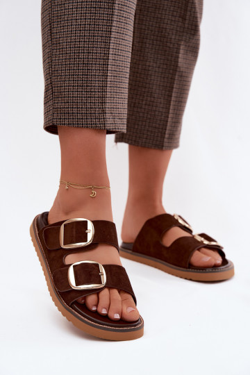 Dames slippers van faux suede met gouden gespen Czekolado Averia 2