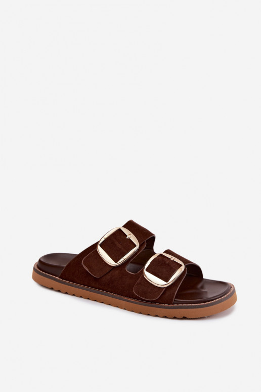 DamespantoffelsImitacji van suèdeu gouden kleur met gespen CzekoladoIne Averia