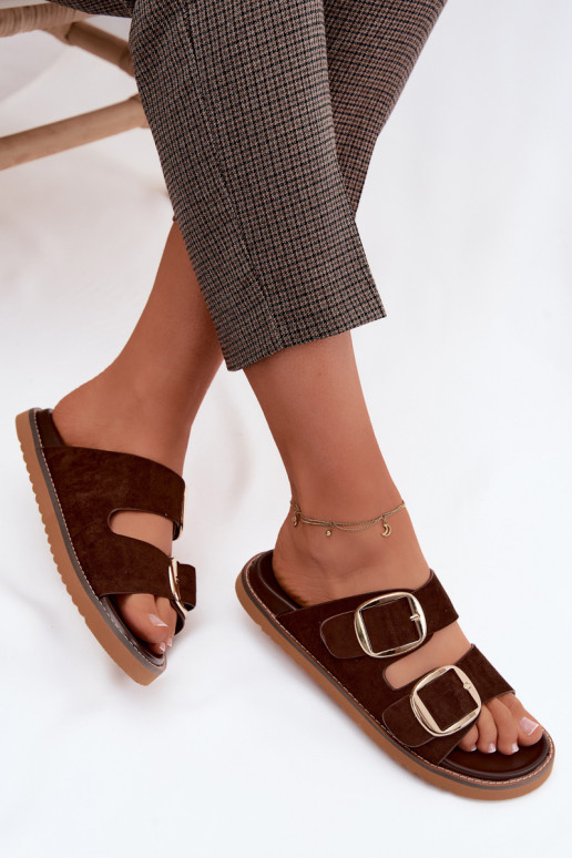 Chaussons pour femmes en daim synthétique avec boucles dorées Czekolado Averia