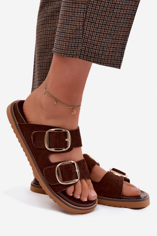 DamespantoffelsImitacji van suèdeu gouden kleur met gespen CzekoladoIne Averia