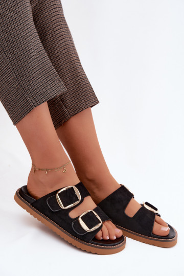 Pantoufles pour femmesImitacji en daimu couleur dorée avec boucles couleur noire Averia