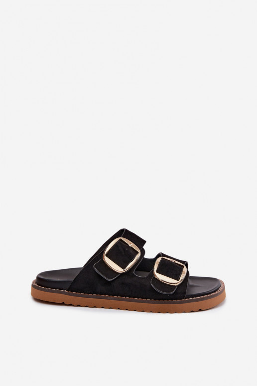Dames slippers van faux suede met gouden gespen in zwart Averia
