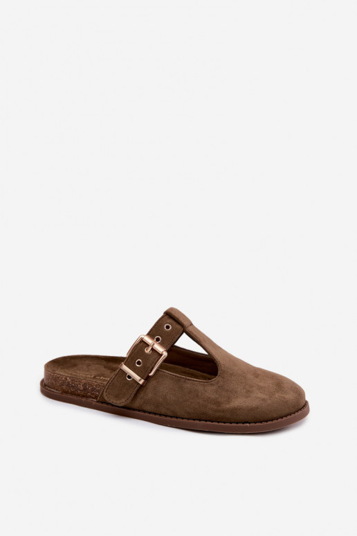 Damenpantoletten aus Kunstveloursleder in Khaki Melvia