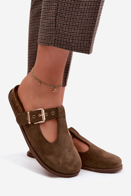 Dames slippers van faux suede in khaki kleur Melvia