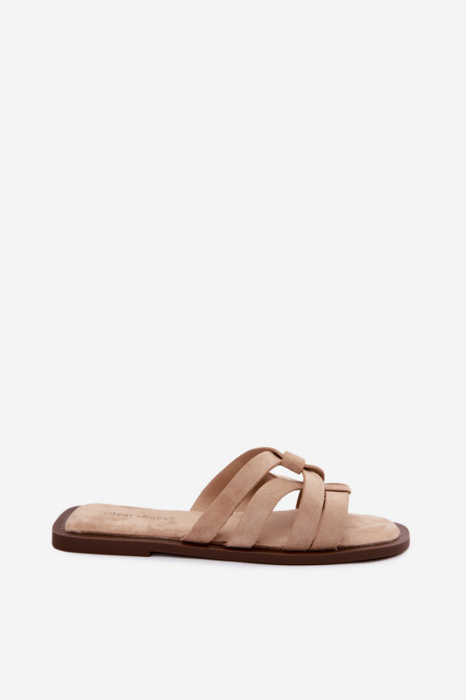 Dames slippers met banden van faux suede in zandkleur Calvia