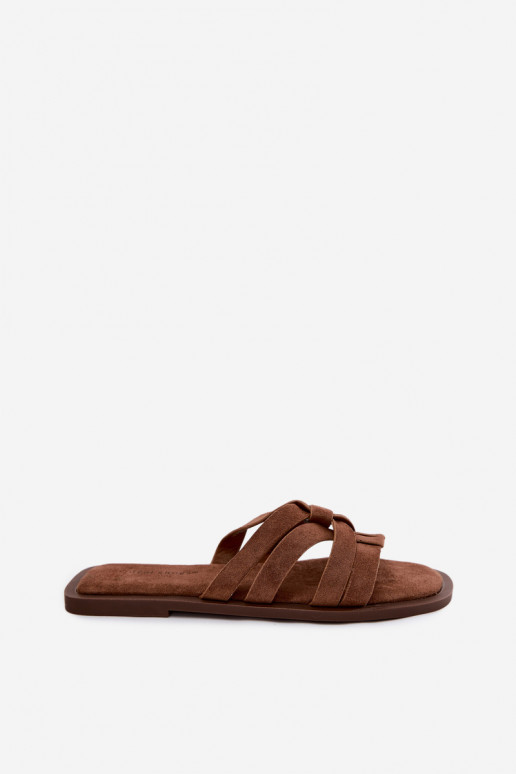 Slippers Dames plat Met Strepen Imitacja van suèdeu bruine kleur Calvia