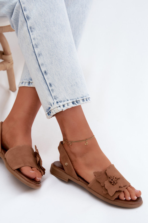 Leer Sandalen van suède met brede hakken Met sierlijk Een bloem Zazoo 407471 bruine kleur