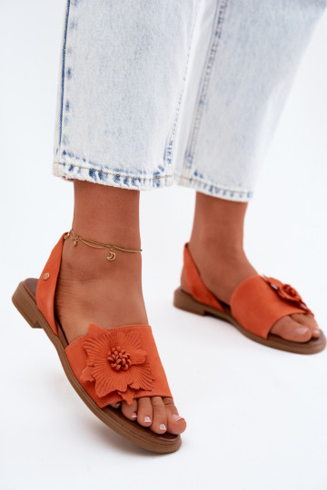 Sandales en daim avec talons larges et fleurs décoratives Zazoo 407471 en orange