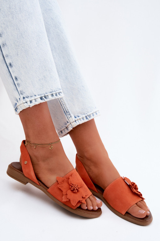 Wildledersandalen mit breiten Absätzen und dekorativen Blumen Zazoo 407471 in Orange