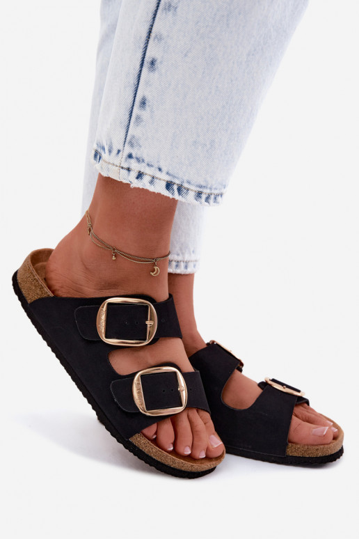 Damen-Pantoletten mit Korksohle und Schnallen Lee Cooper LCIN-26-35-4455L in Schwarz