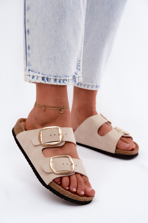Damen-Pantoletten mit Korksohle und Schnallen Lee Cooper LCIN-26-35-4454L in Sand