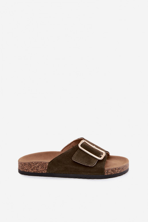 Faux suède dames slippers met gespen in khaki kleur Beryl