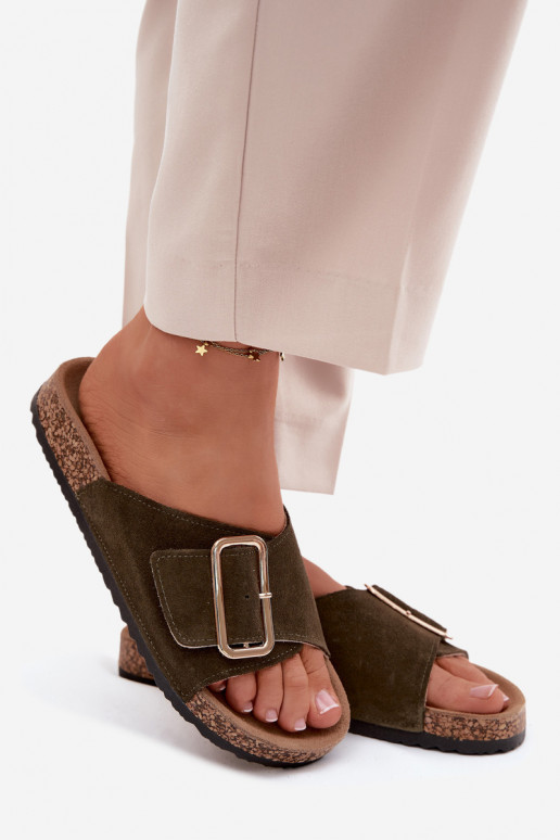 Leer Dames suède pantoffels met gespen kaki kleuren Beryl