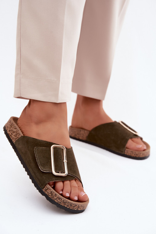 Chaussons pour femmes en faux daim avec boucles couleur kaki Beryl