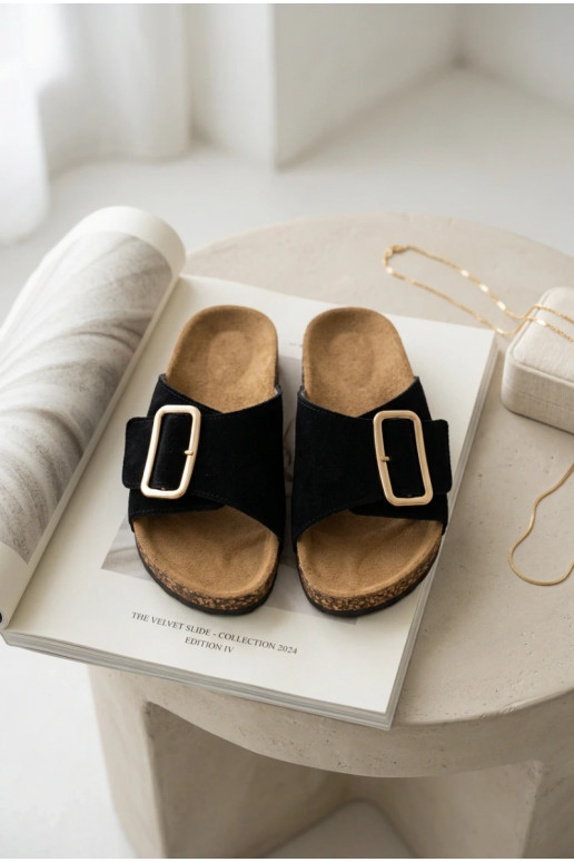 Peau Chaussons femme en daim avec boucles couleur noire Beryl