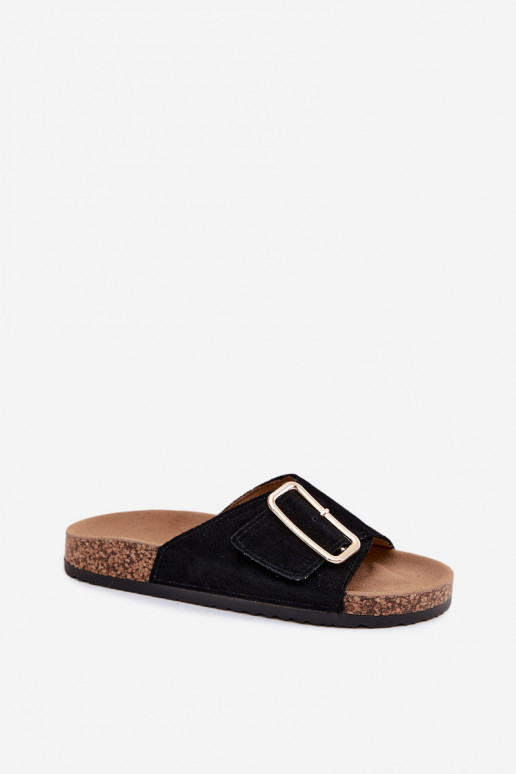 Faux-Suede Damen Hausschuhe mit Schnallen in schwarzer Ausführung Beryl
