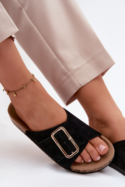 Peau Chaussons femme en daim avec boucles couleur noire Beryl