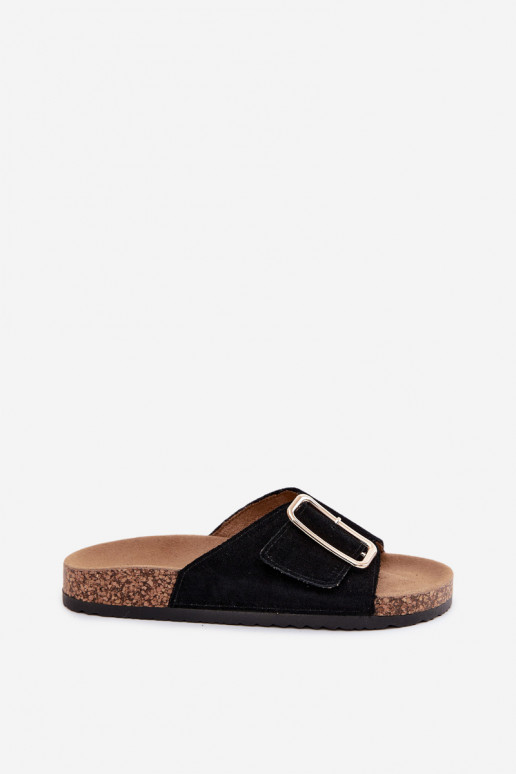 Faux-Suede Damen Hausschuhe mit Schnallen in schwarzer Ausführung Beryl