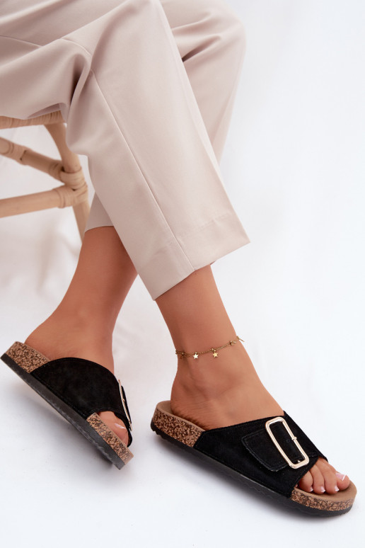 Chaussons pour femmes en faux daim avec boucles couleur noire Beryl