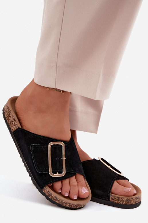 Faux suède dames slippers met gespen in zwarte kleur Beryl
