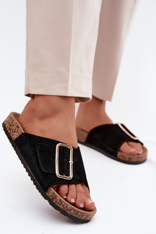 Faux suède dames slippers met gespen in zwarte kleur Beryl