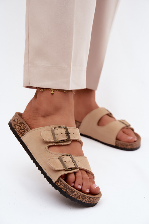 Faux suède slippers op kurken zool met gespen in zandkleur Tavira