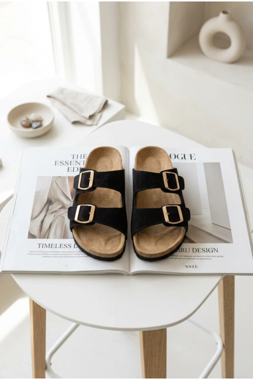 Faux suède slippers op kurken zool met gespen in zwarte kleur Tavira