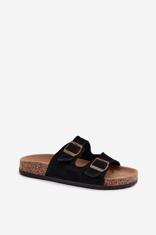 Faux suède slippers op kurken zool met gespen in zwarte kleur Tavira