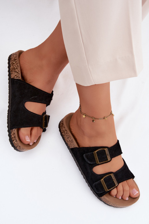 Chaussons en faux daim sur semelle en liège avec boucles couleur noire Tavira