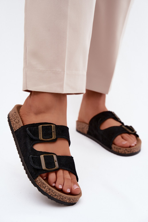 Faux suède slippers op kurken zool met gespen in zwarte kleur Tavira