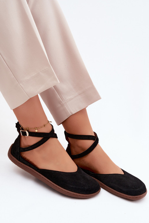Faux-Suede Damen Ballerinas mit Riemchen in schwarzer Ausführung Zazoo 320