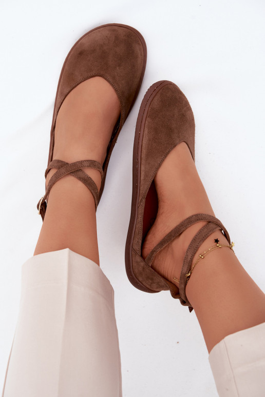 Ballerines pour femmes en faux daim avec brides Zazoo 320 couleur marron